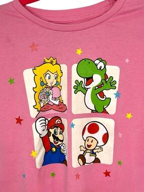 SUPER MARIO Pink Graphic Tee Princess Peach Yoshi Mario Toad Kids Size 6